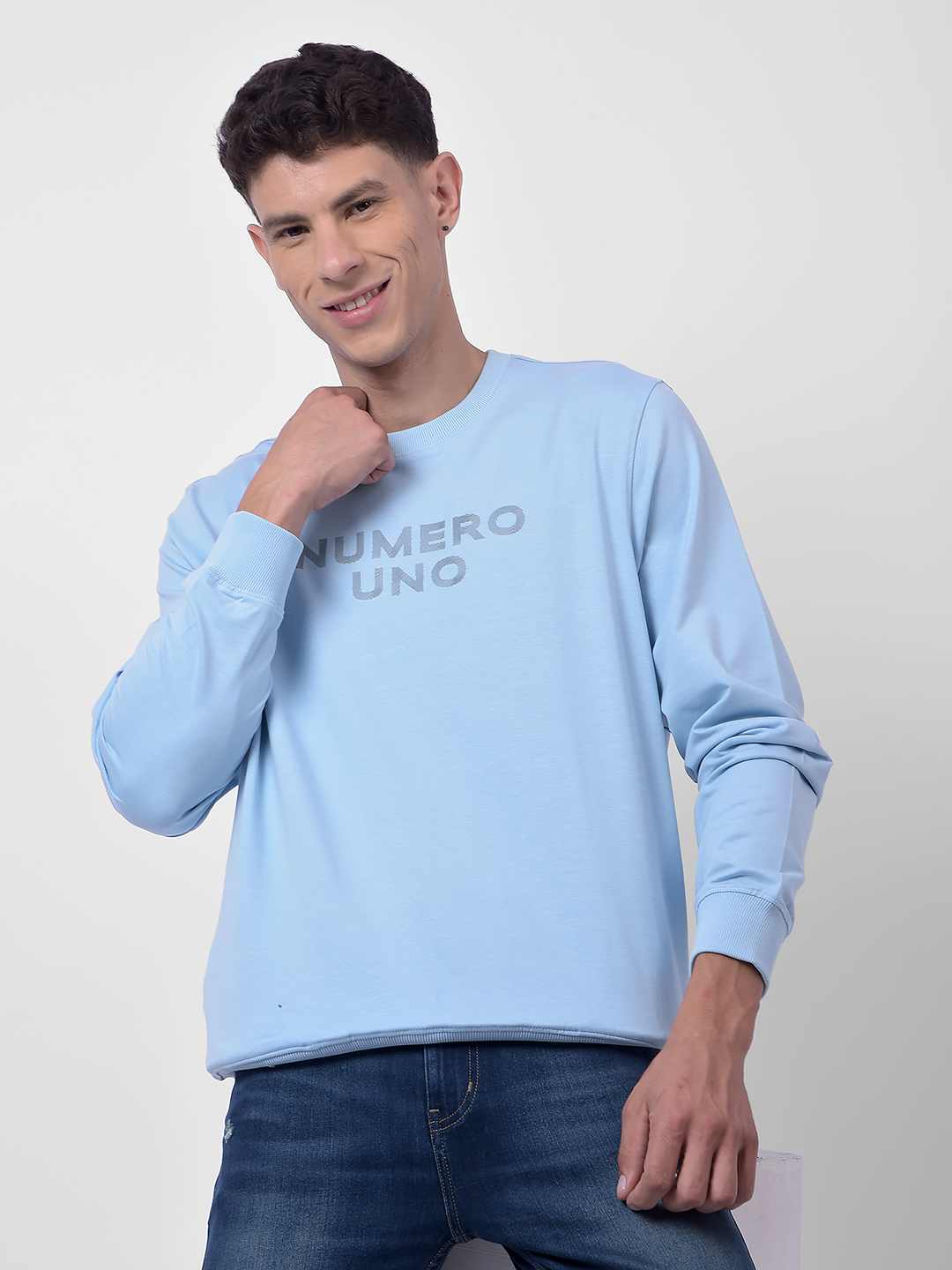 Numero Uno Men Sky Blue Round Neck Sweatshirt